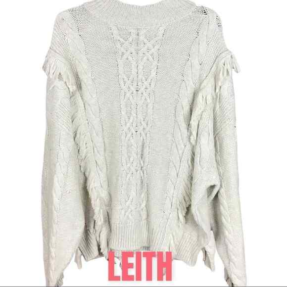 Leith Womens Sweater Small Beige Cream Cable Knit Fringe Mock Neck NWT - Picture 3 of 11